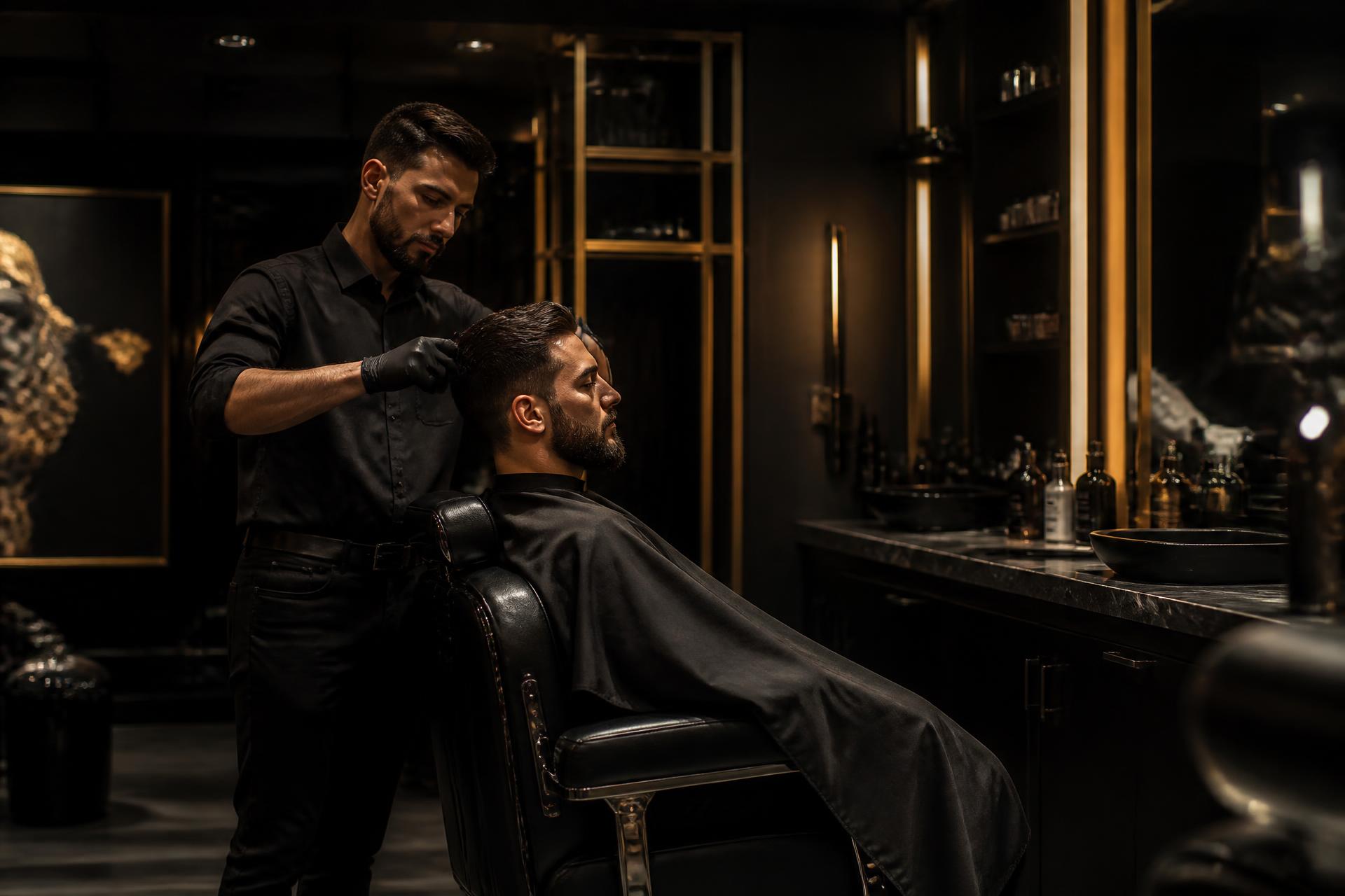 Barbeiro atendendo cliente em barbearia premium escura